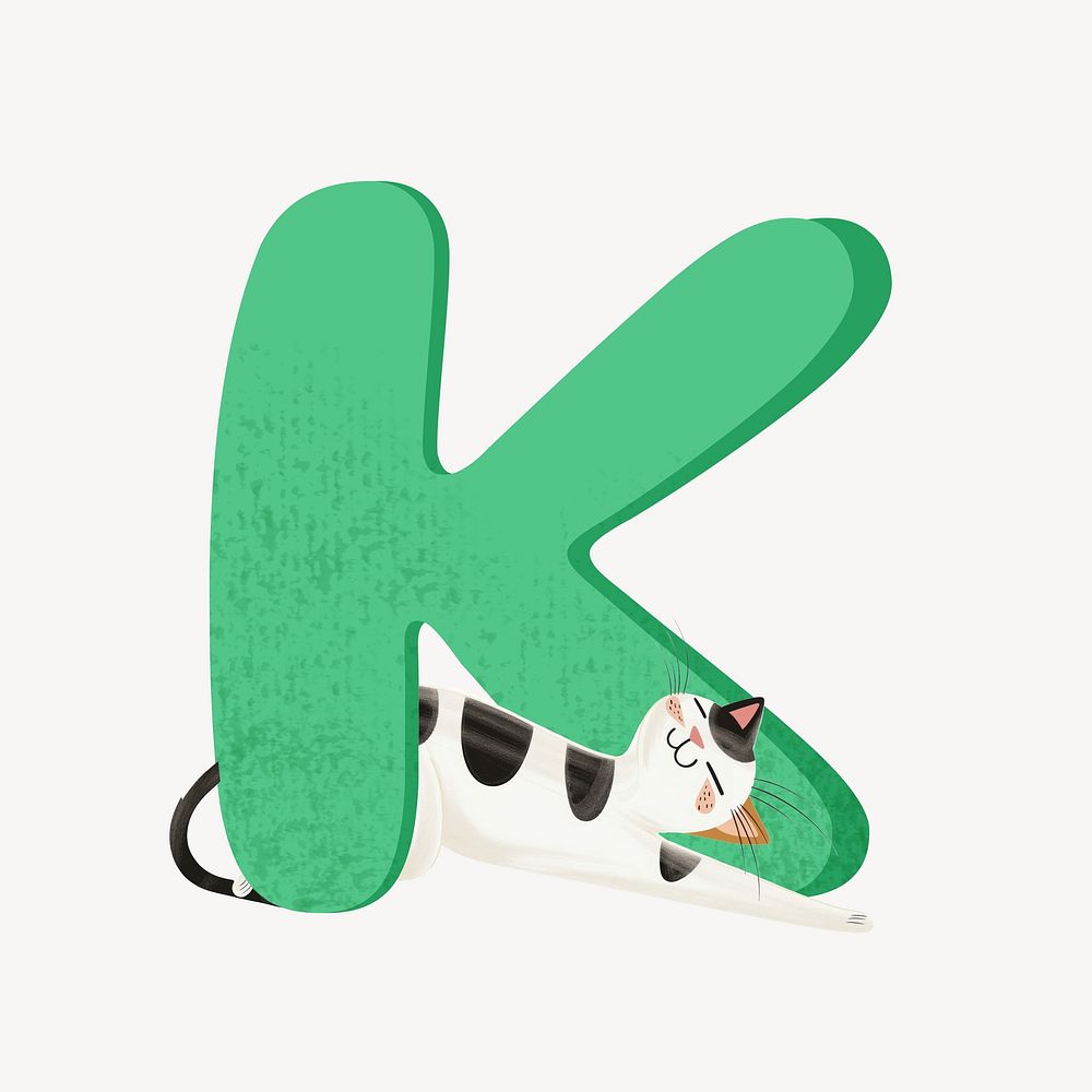 Cute letter K in green with cat character illustration