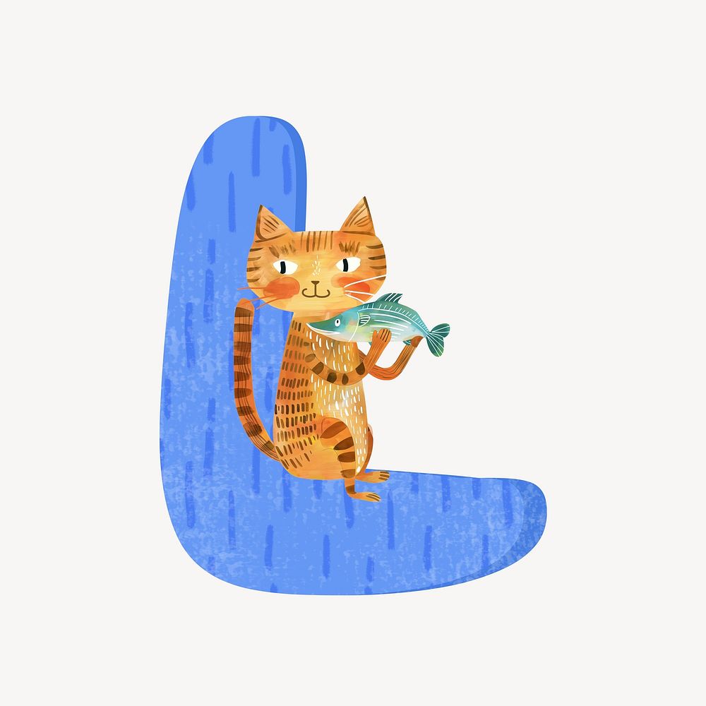 Cute letter L in blue with cat character illustration