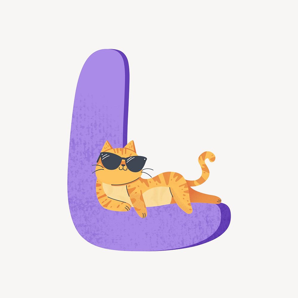 Cute letter L in purple with cat character illustration