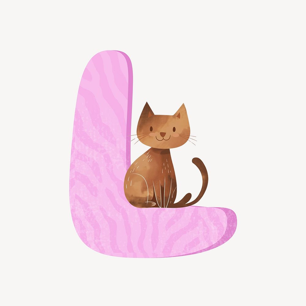 Cute letter L in pink with cat character illustration