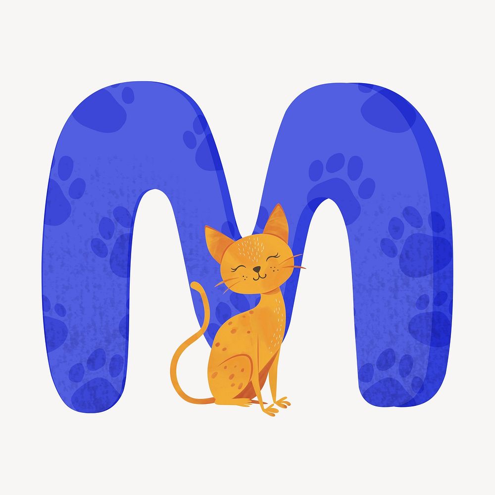 Cute letter M in blue with cat character illustration