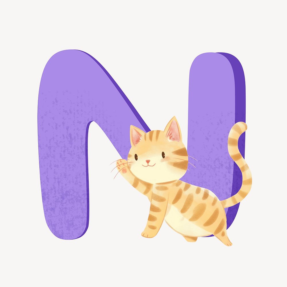 Cute letter N in purple with cat character illustration