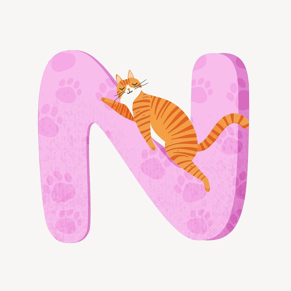 Cute letter N in pink with cat character illustration