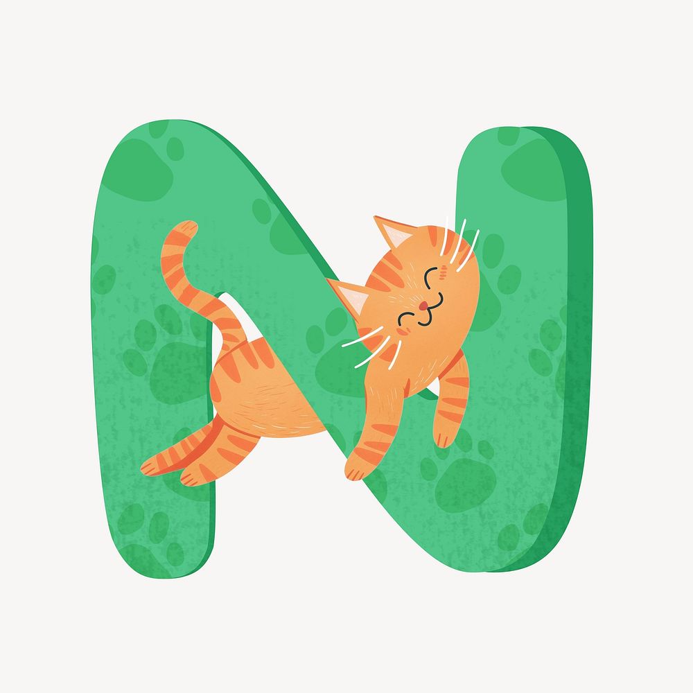 Cute letter N in green with cat character illustration
