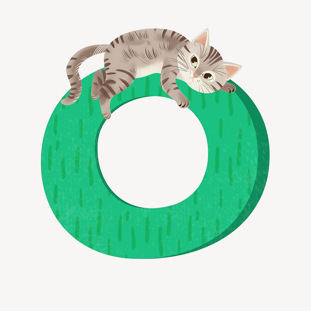 Cute letter O in green with cat character illustration