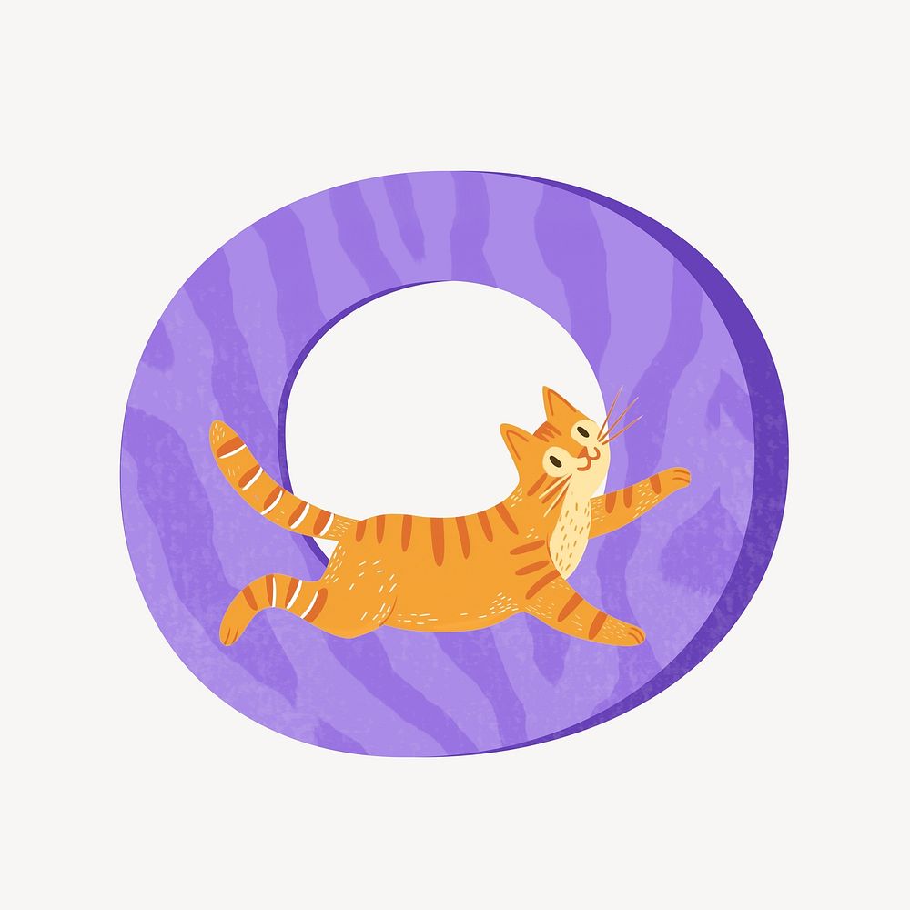 Cute letter O in purple with cat character illustration