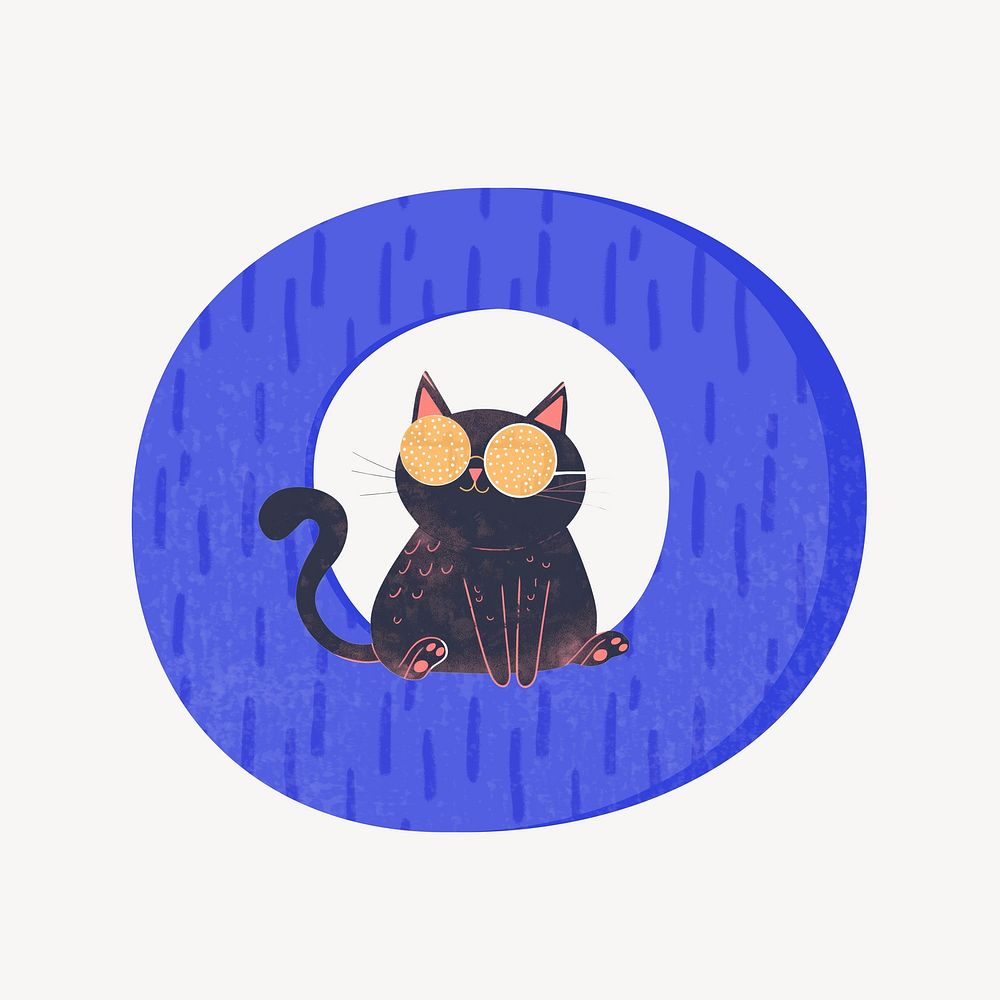 Cute letter O in blue with cat character illustration