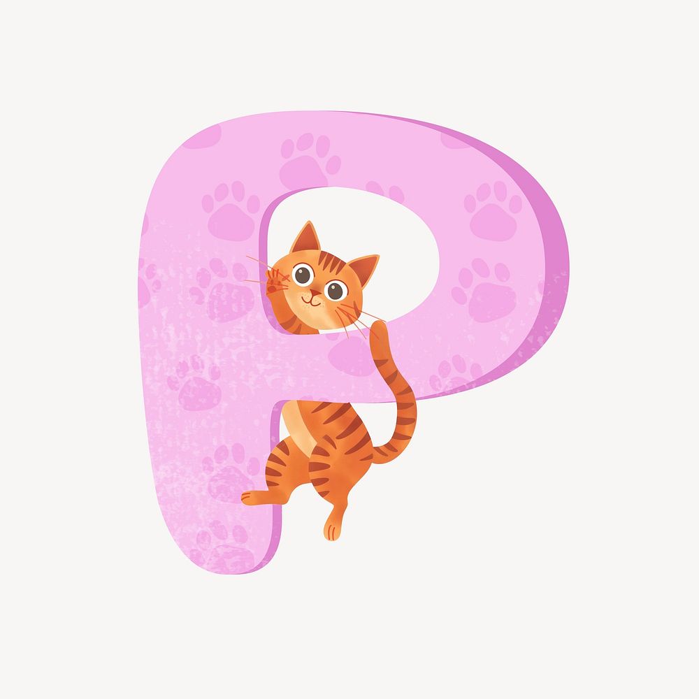 Cute letter P in pink with cat character illustration