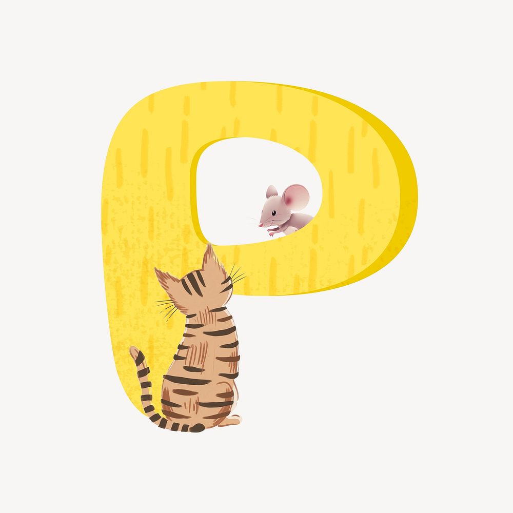 Cute letter P in yellow with cat character illustration