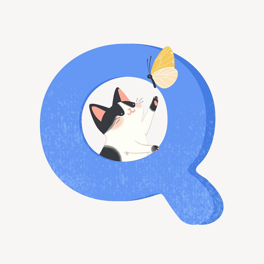 Cute letter Q in blue with cat character illustration