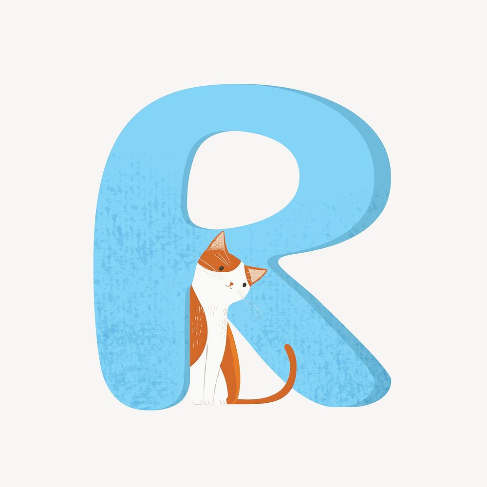 Cute letter R in blue with cat character illustration