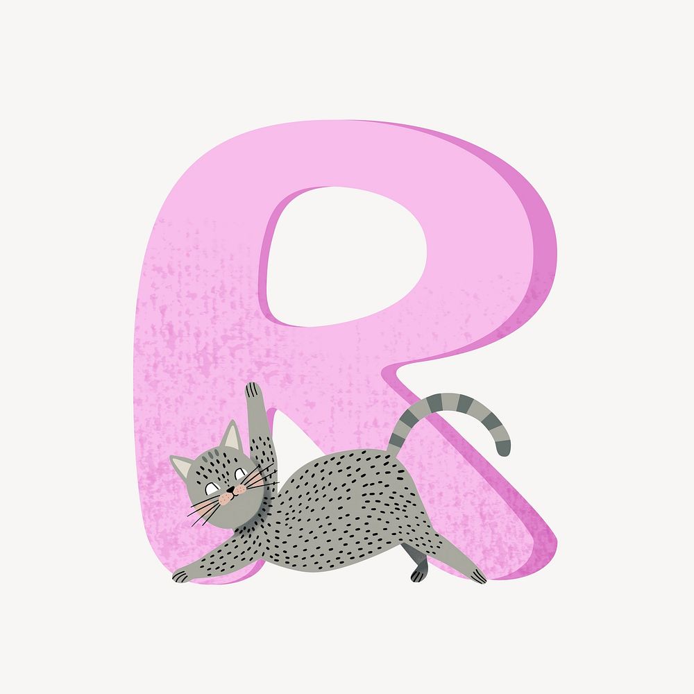 Cute letter R in pink with cat character illustration