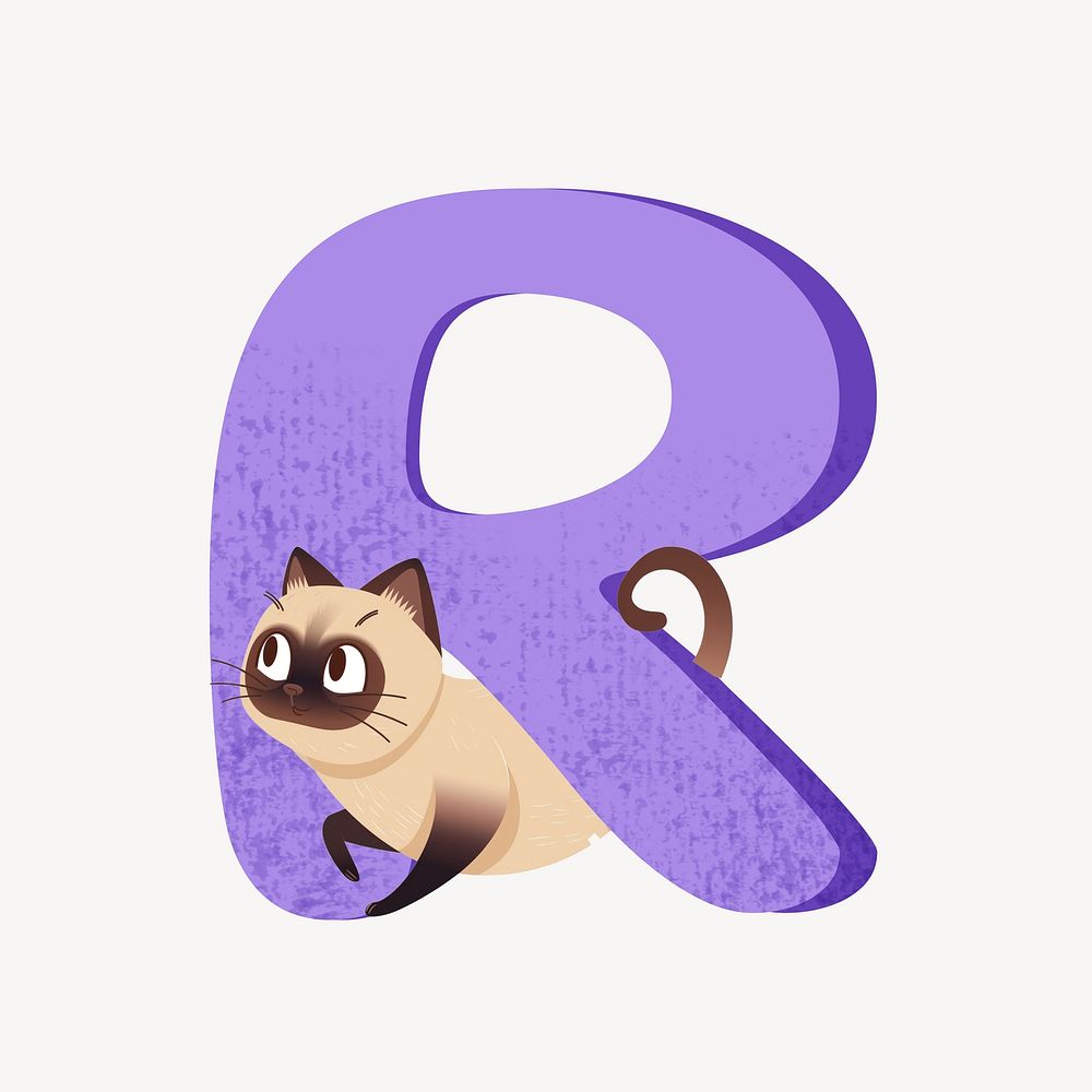 Cute letter R in purple with cat character illustration