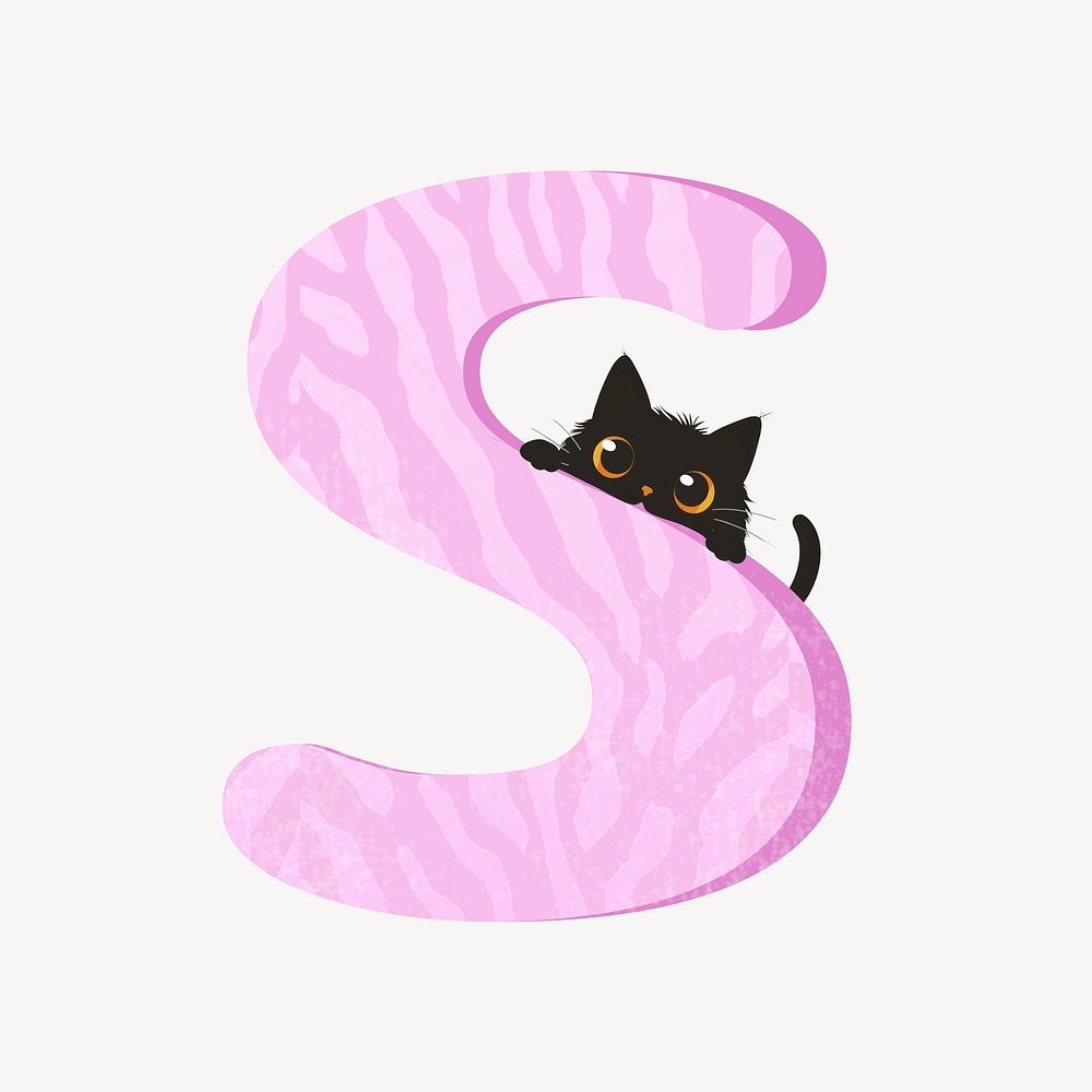 Cute letter S in pink with cat character illustration