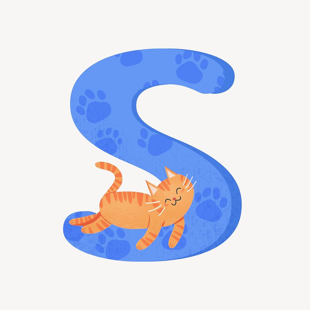 Cute letter S in blue with cat character illustration