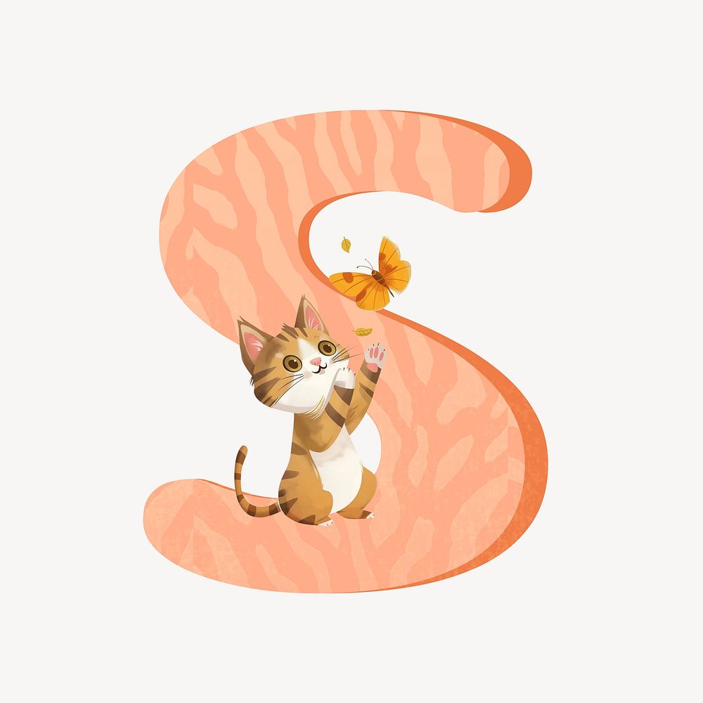 Cute letter S in orange with cat character illustration