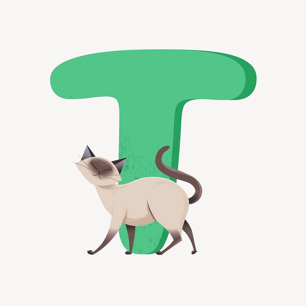 Cute letter T in green with cat character illustration