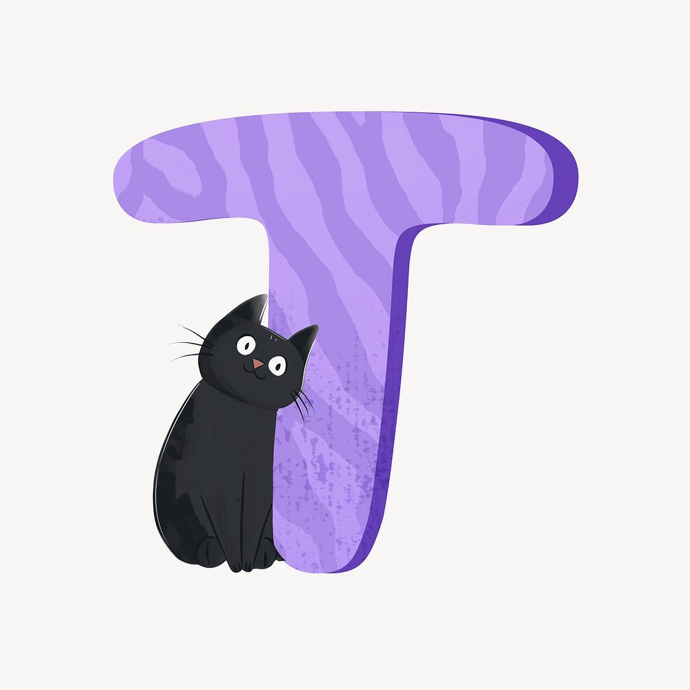 Cute letter T in purple with cat character illustration