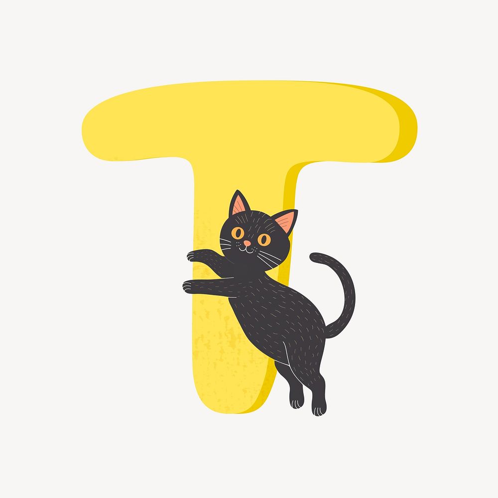Cute letter T in yellow with cat character illustration
