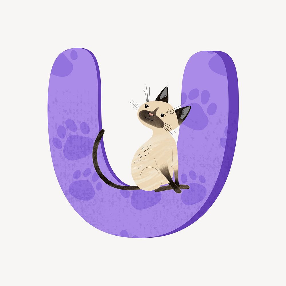 Cute letter U in purple with cat character illustration