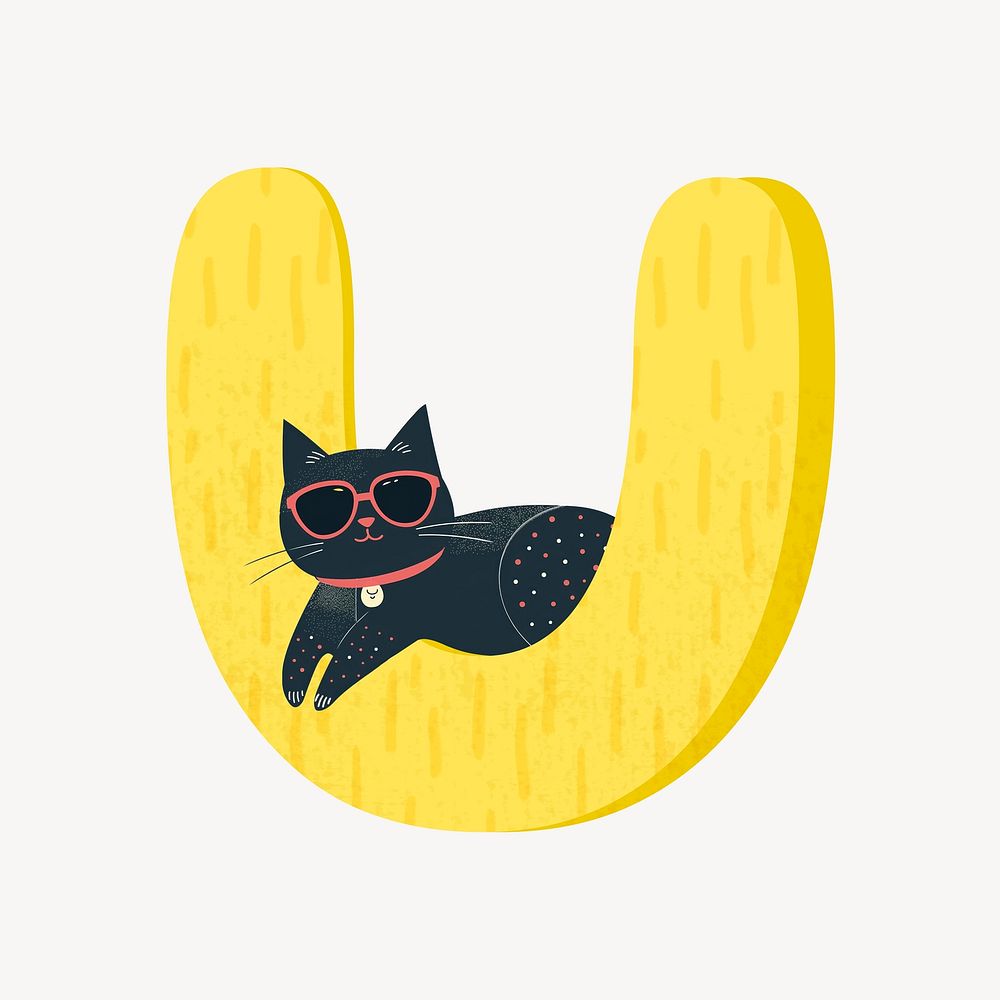Cute letter U in yellow with cat character illustration