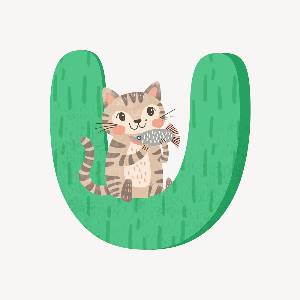 Cute letter U in green with cat character illustration