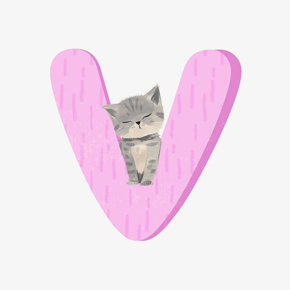Cute letter V in pink with cat character illustration