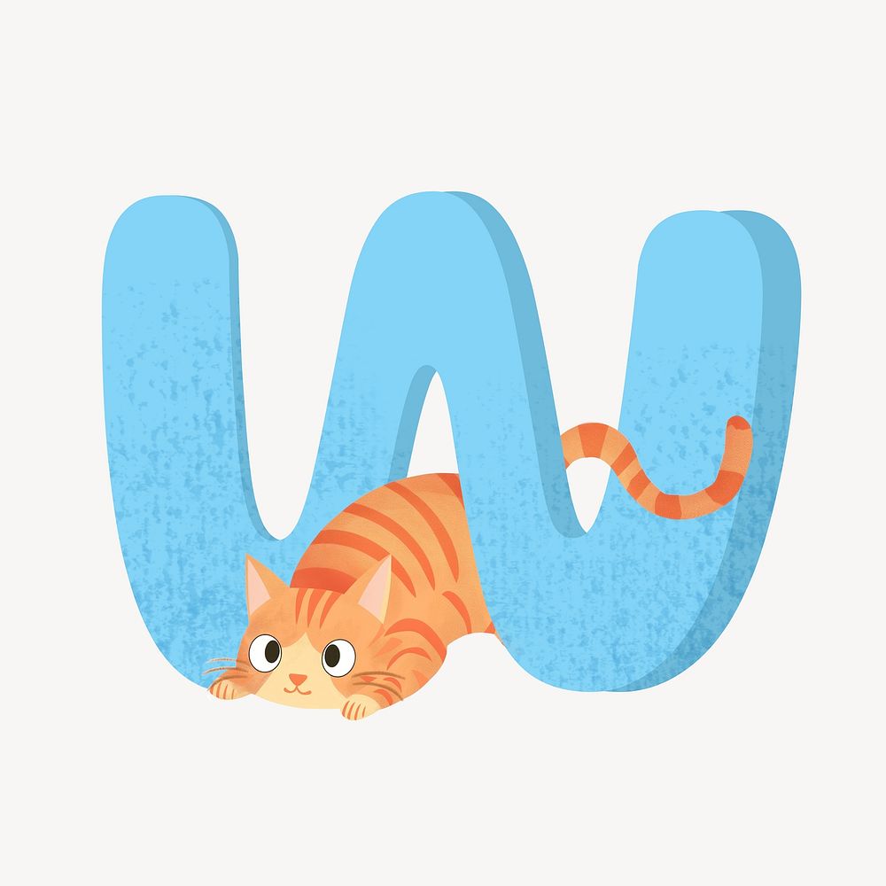 Cute letter W in blue with cat character illustration