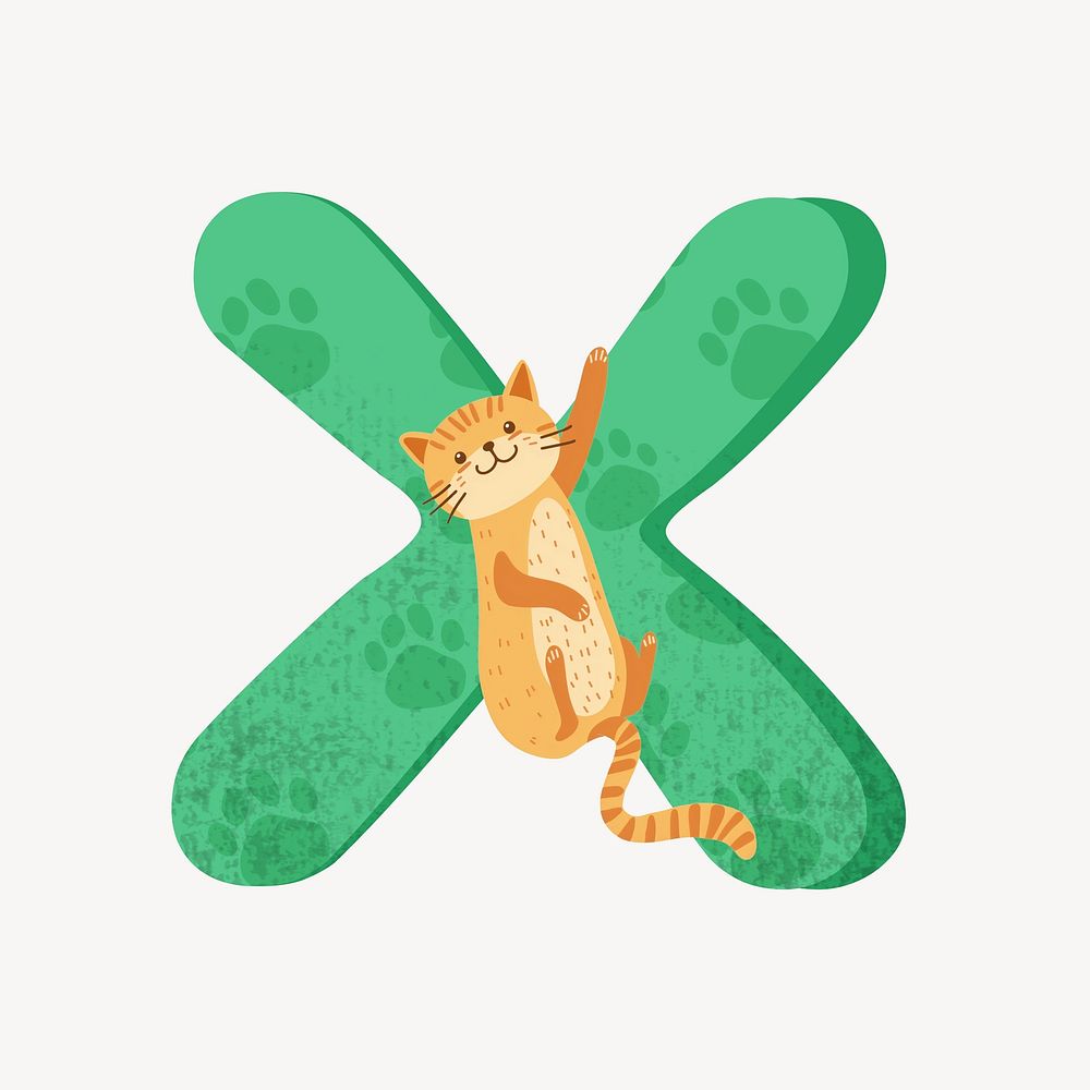 Cute letter X in green with cat character illustration