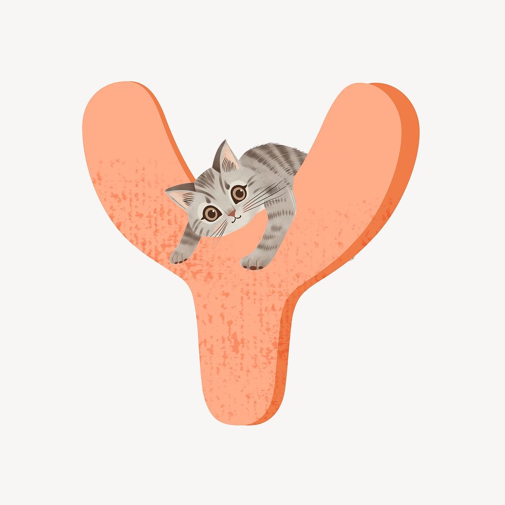 Cute letter Y in orange with cat character illustration