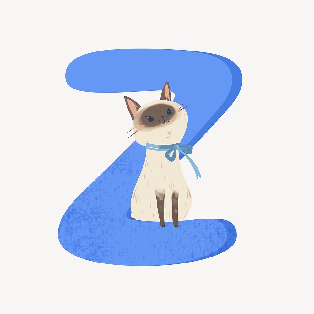 Cute letter Z in blue with cat character illustration