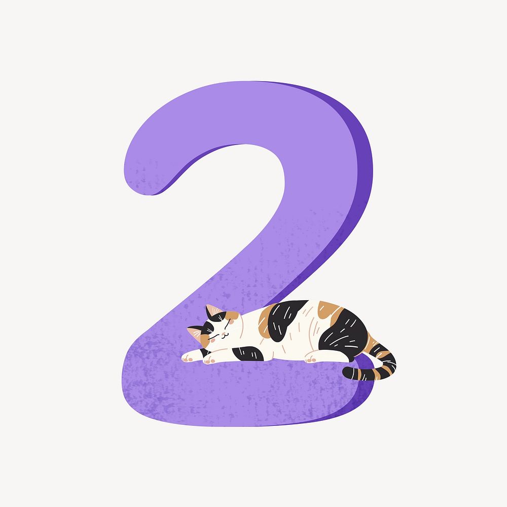Number 2 with cat character illustration
