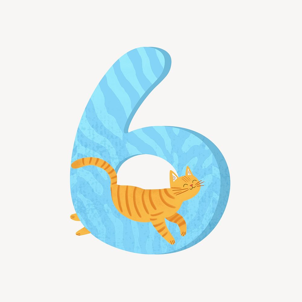 Number 6 with cat character illustration