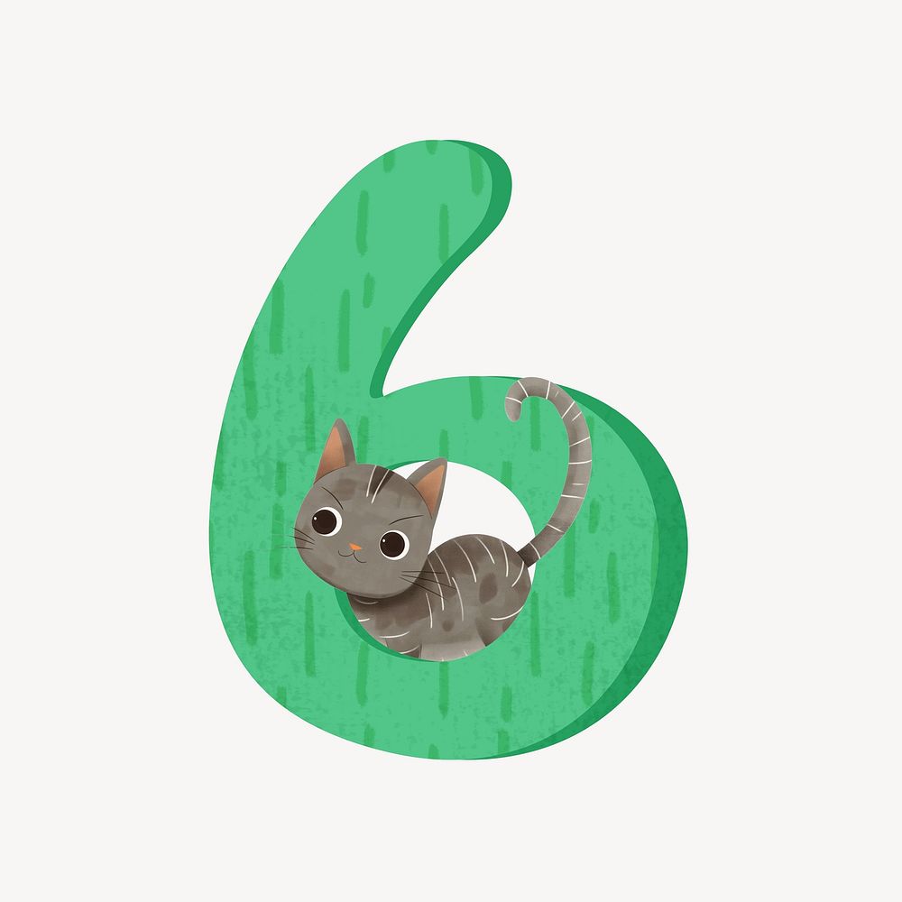 Number 6 with cat character illustration