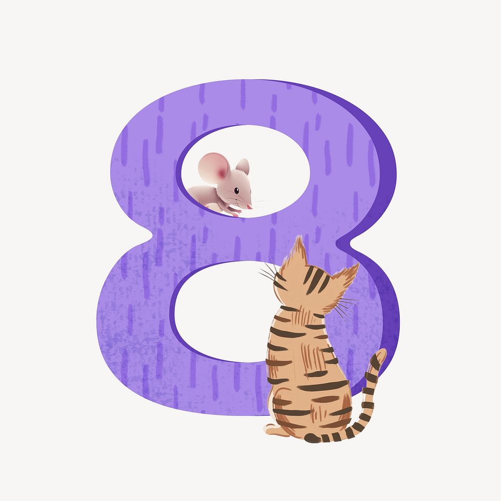 Number 8 with cat character illustration