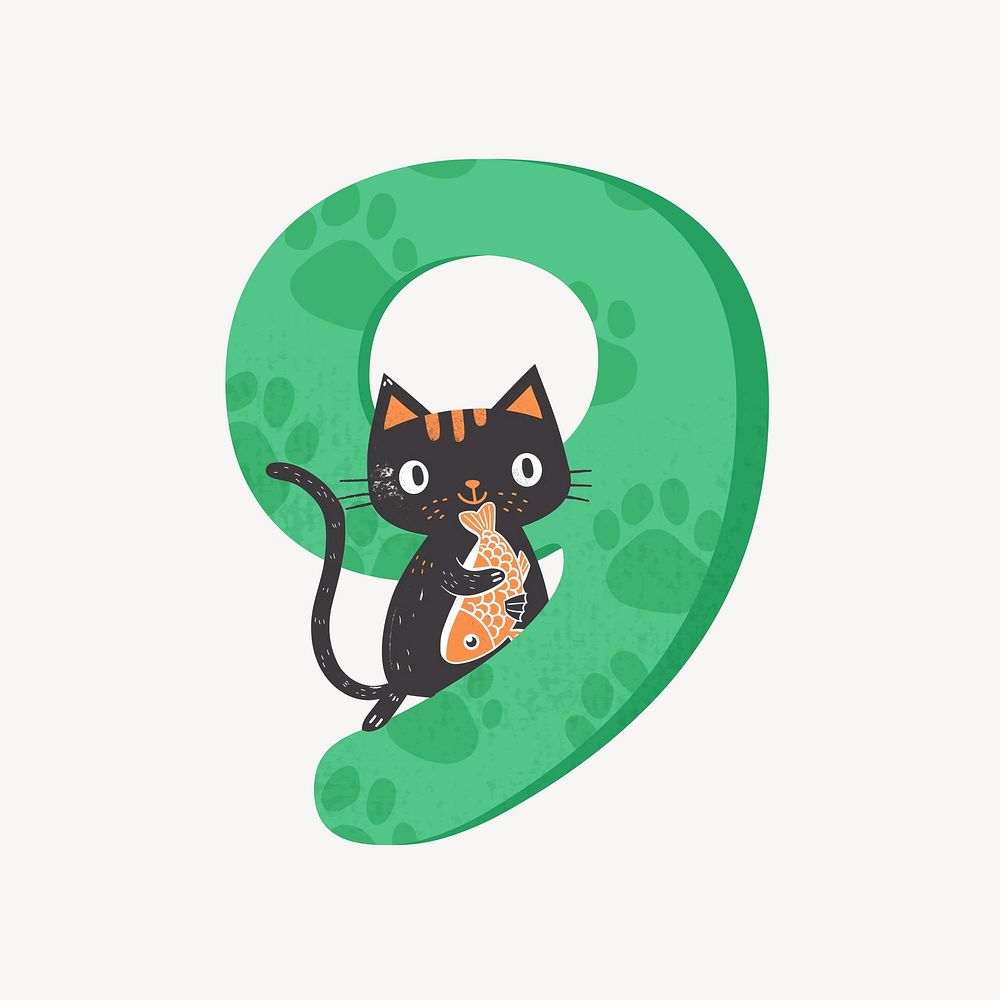 Number 9 with cat character illustration