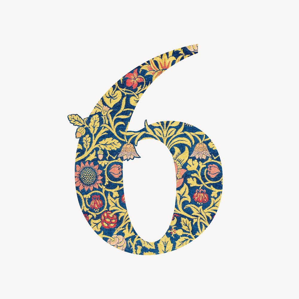 Number 6 vintage font, botanical pattern inspired by William Morris