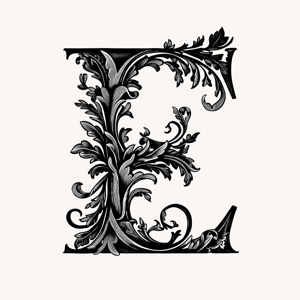 Letter E in classic medieval art illustration