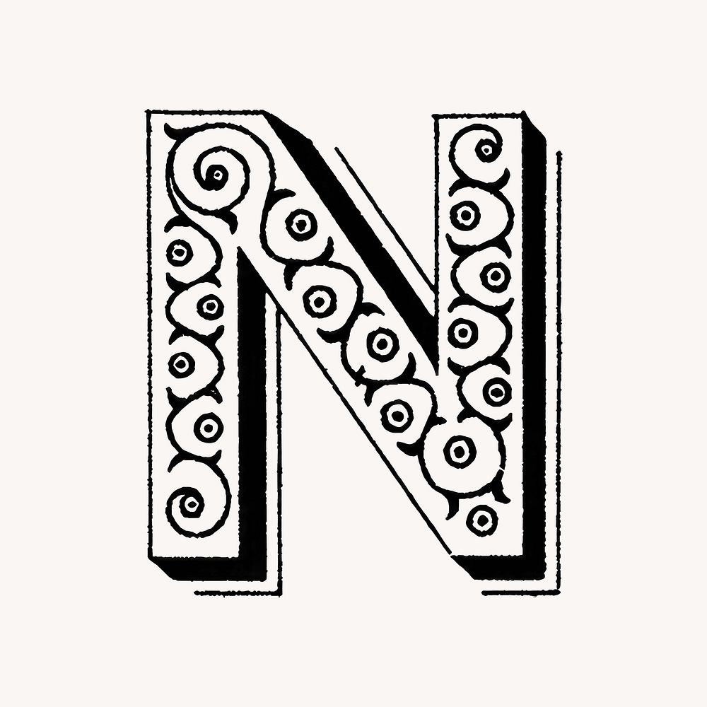 Letter N in classic medieval art illustration