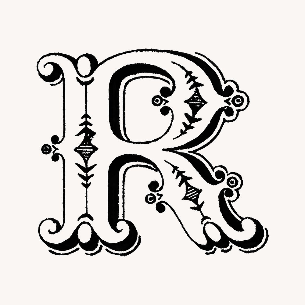 Letter R in classic medieval art illustration