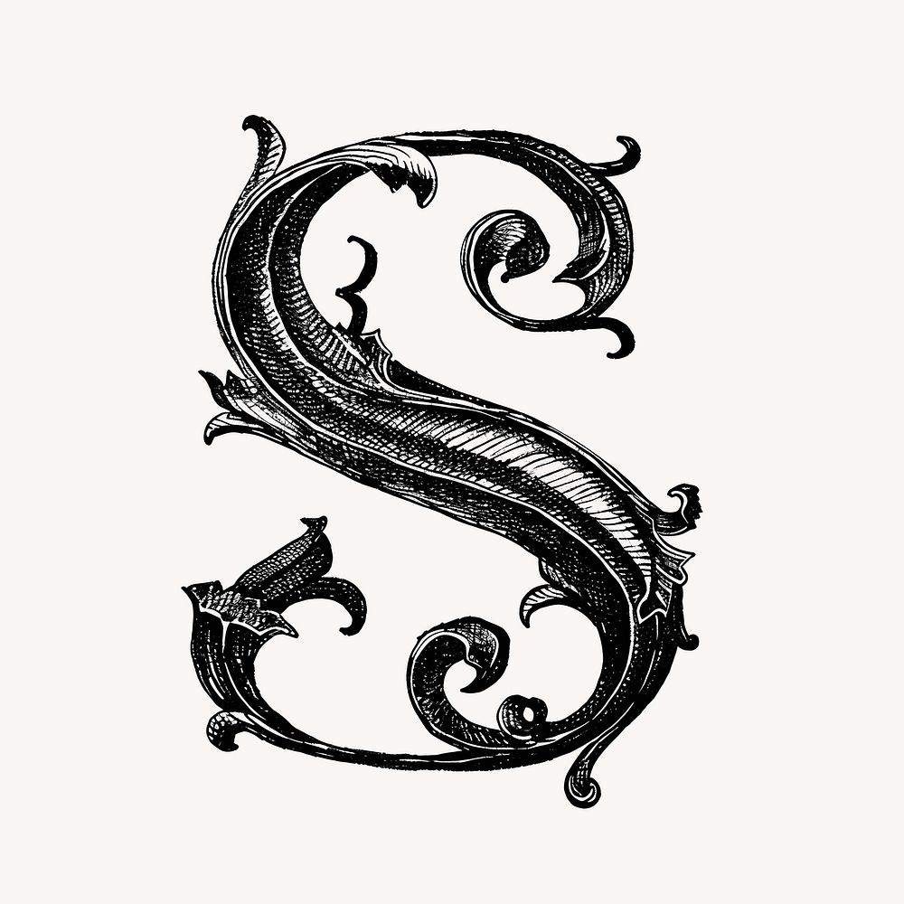 Letter S in classic medieval art illustration