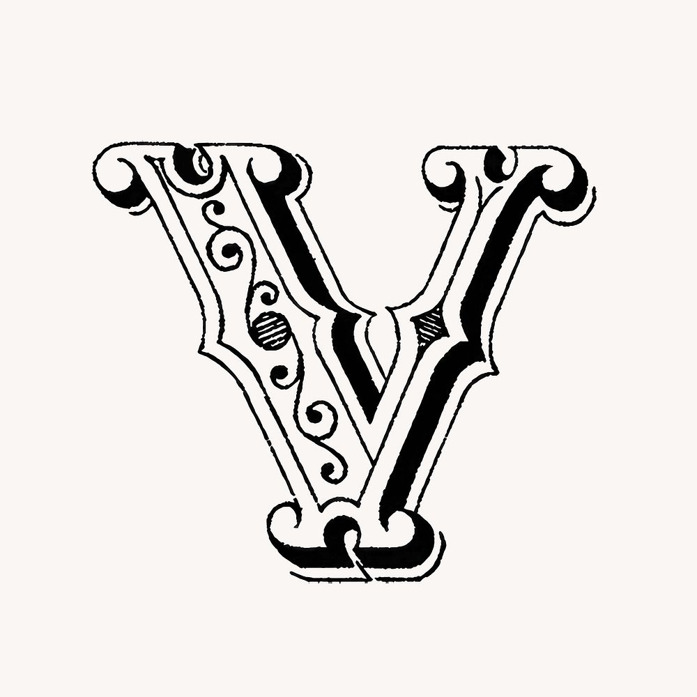 Letter V in classic medieval art illustration