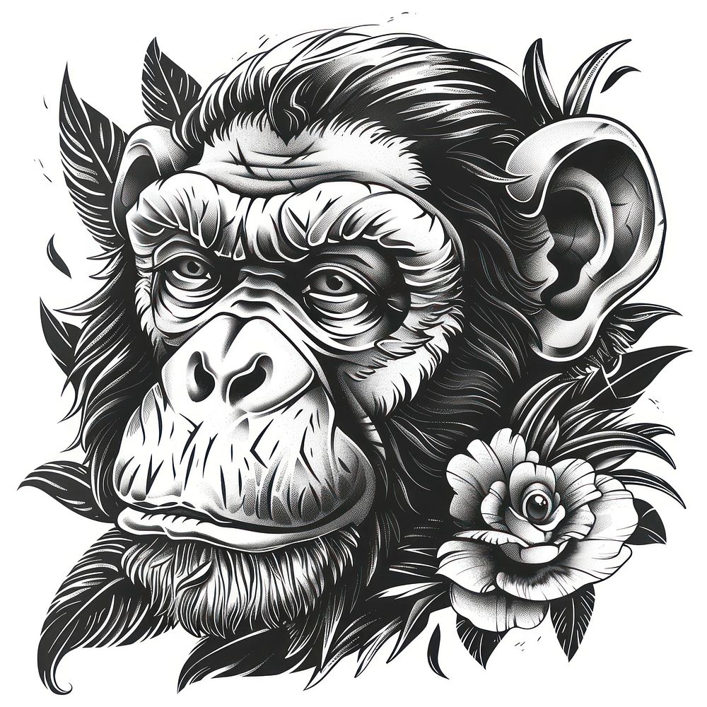 Monkey tattoo flash illustration illustrated wildlife drawing.