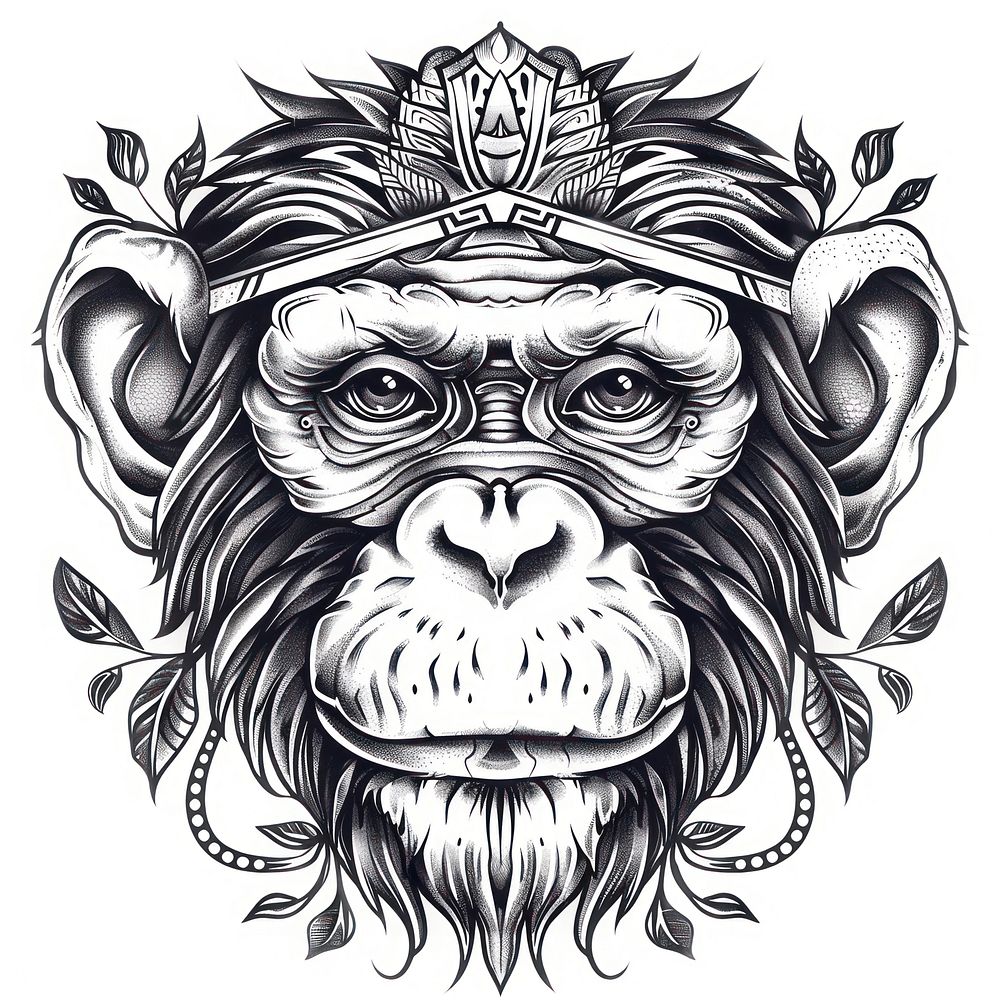 Monkey tattoo flash illustration illustrated wildlife drawing.