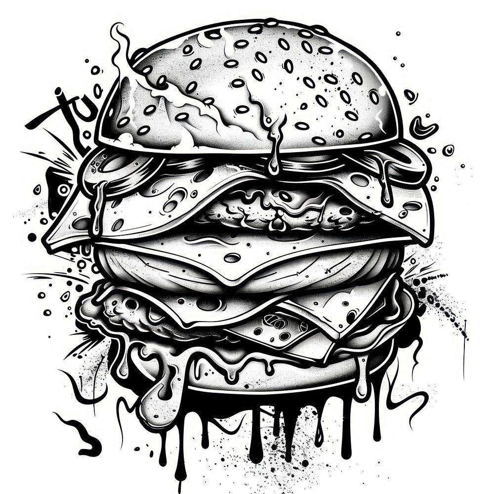 Burger tattoo flash illustration illustrated drawing sketch.