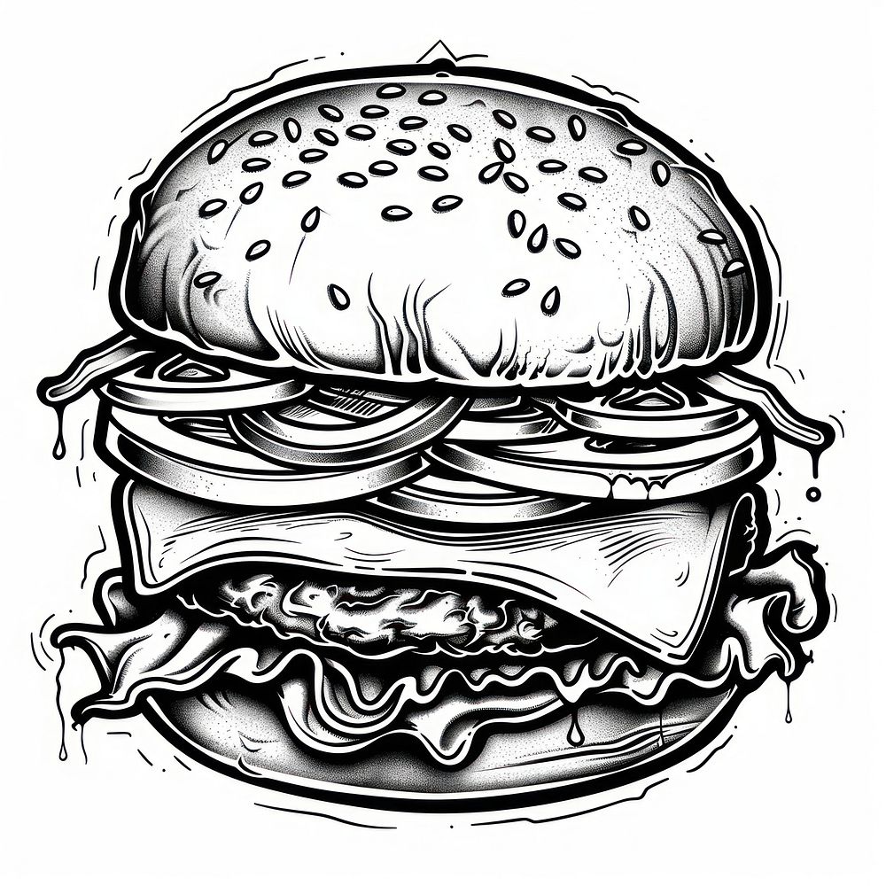 Burger tattoo flash illustration illustrated drawing sketch.