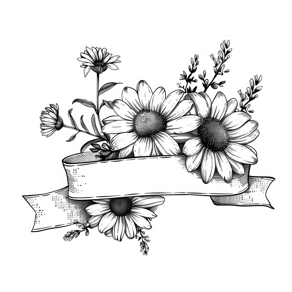 Ribbon with daisy art illustrated asteraceae.