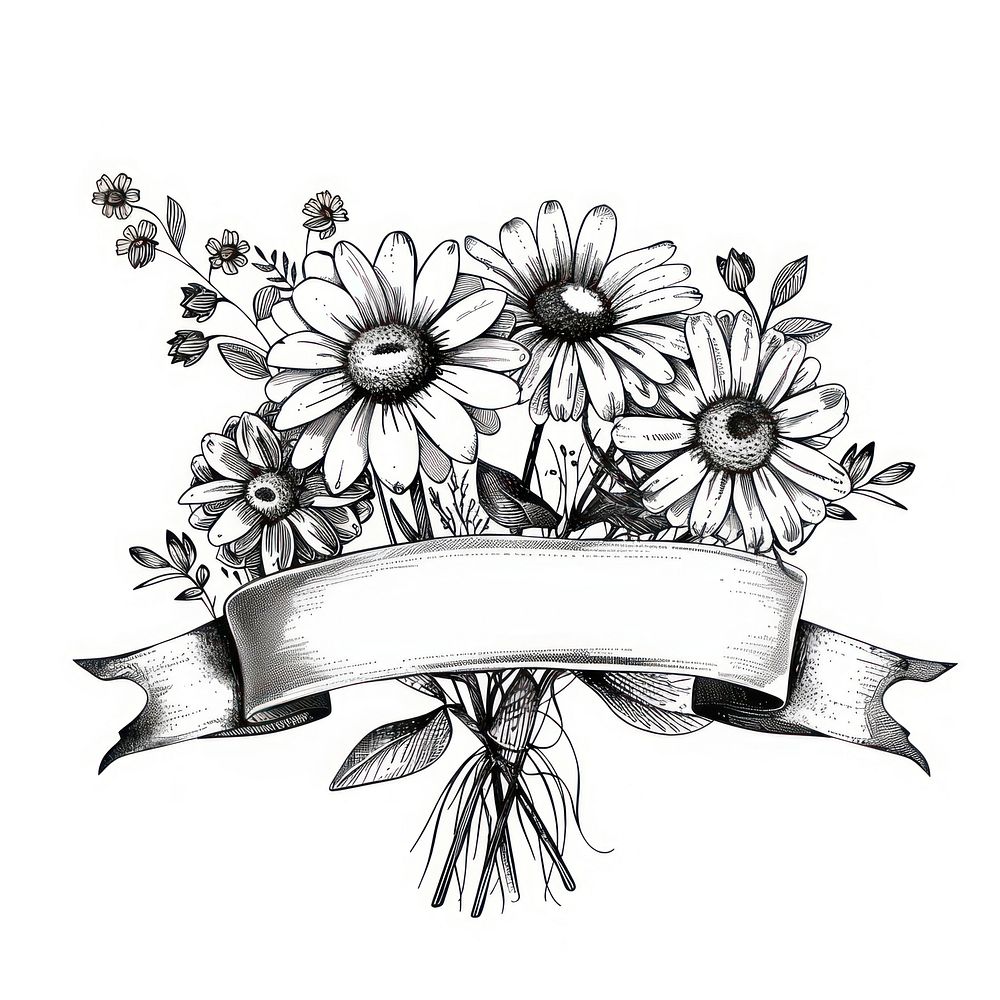 Ribbon with daisy art illustrated asteraceae.