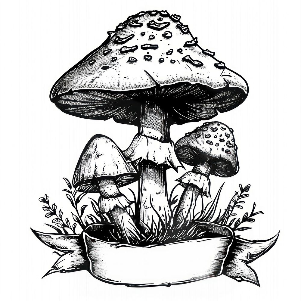 Ribbon with mushroom art illustrated drawing.