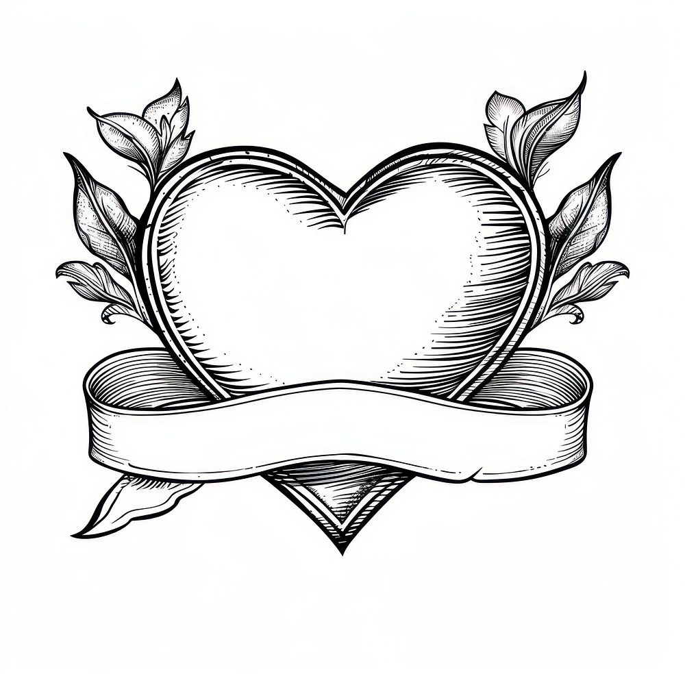 Ribbon with heart illustrated drawing sketch.